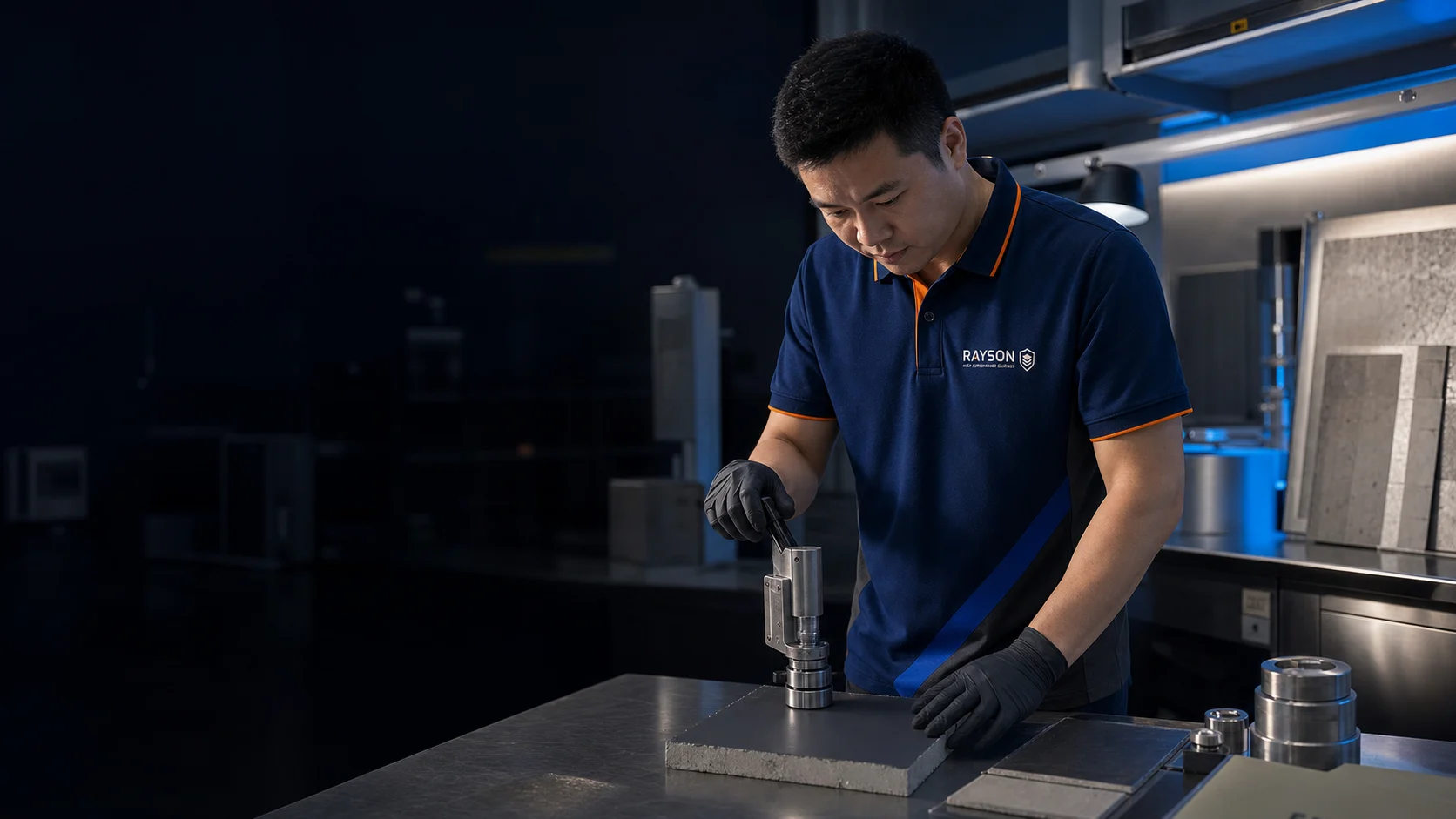 Rayson technical specialist conducting pull-off adhesion testing on a coated concrete sample in a materials laboratory
