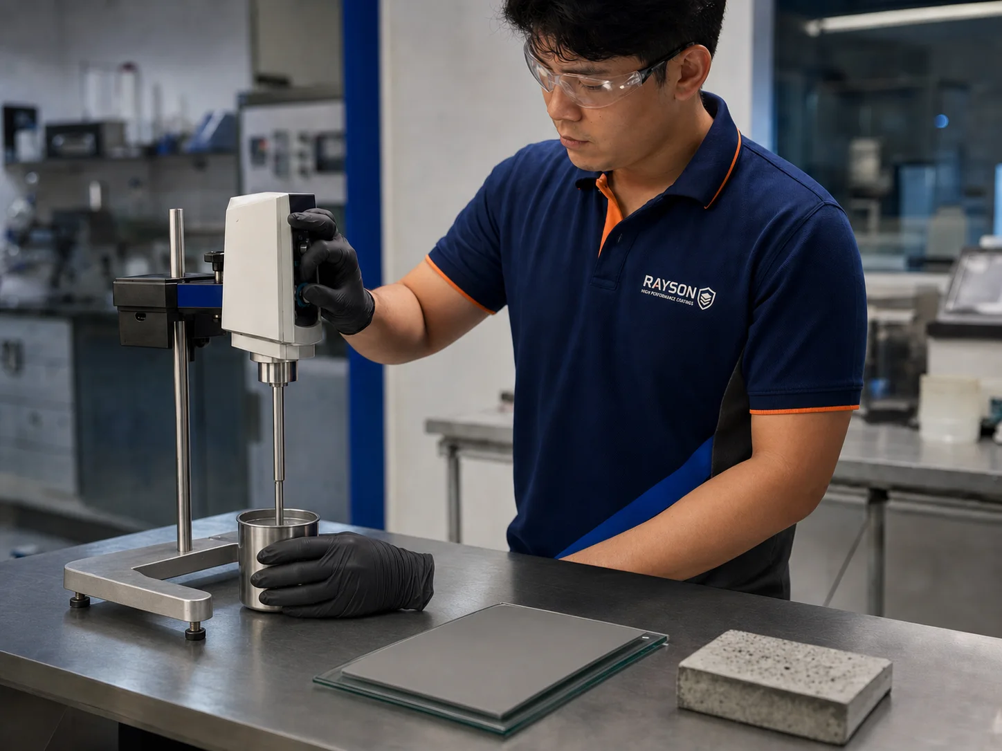 Rayson technician checking coating viscosity and a drawdown-film sample in the laboratory