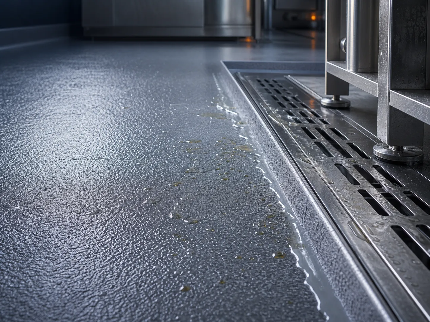 Textured resin floor in a hygienic wet-process area directing wash-down water toward a stainless-steel drain