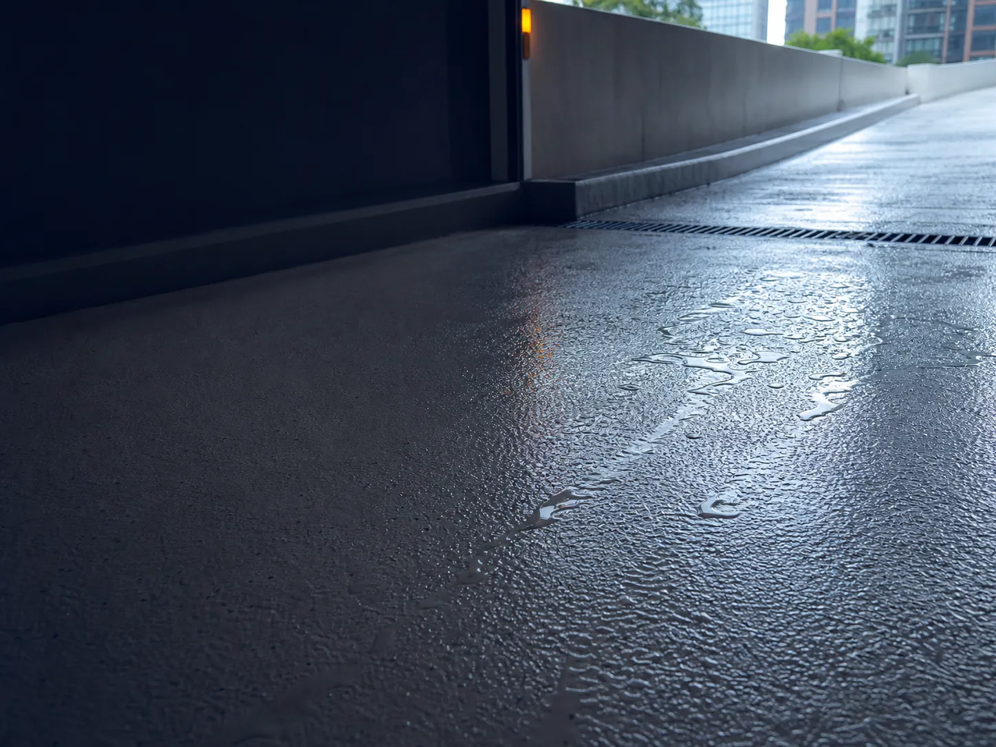 Wet anti-slip resin floor on a covered car-park ramp directing runoff toward a trench drain