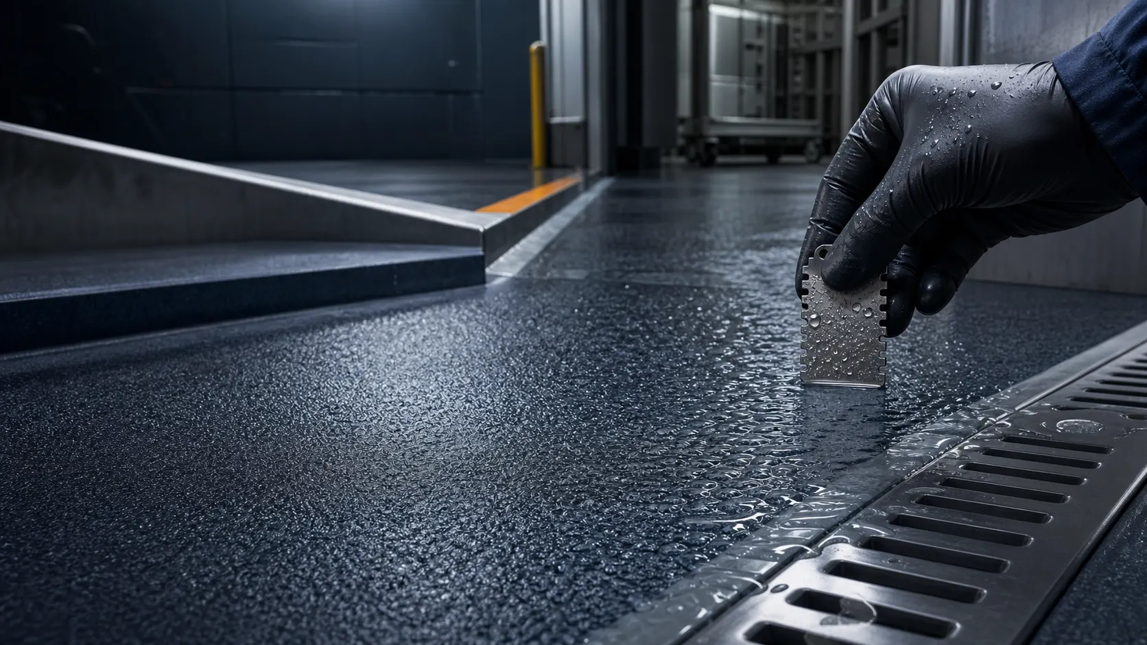 Textured anti-slip resin floor carrying a controlled water film beside a drainage channel while a technician checks the profile