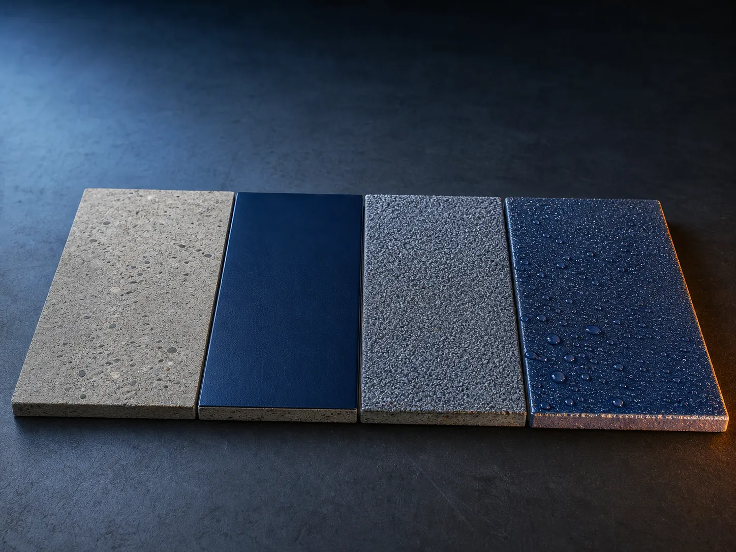 Four anti-slip coating material stages from prepared concrete to a sealed, water-beading textured finish