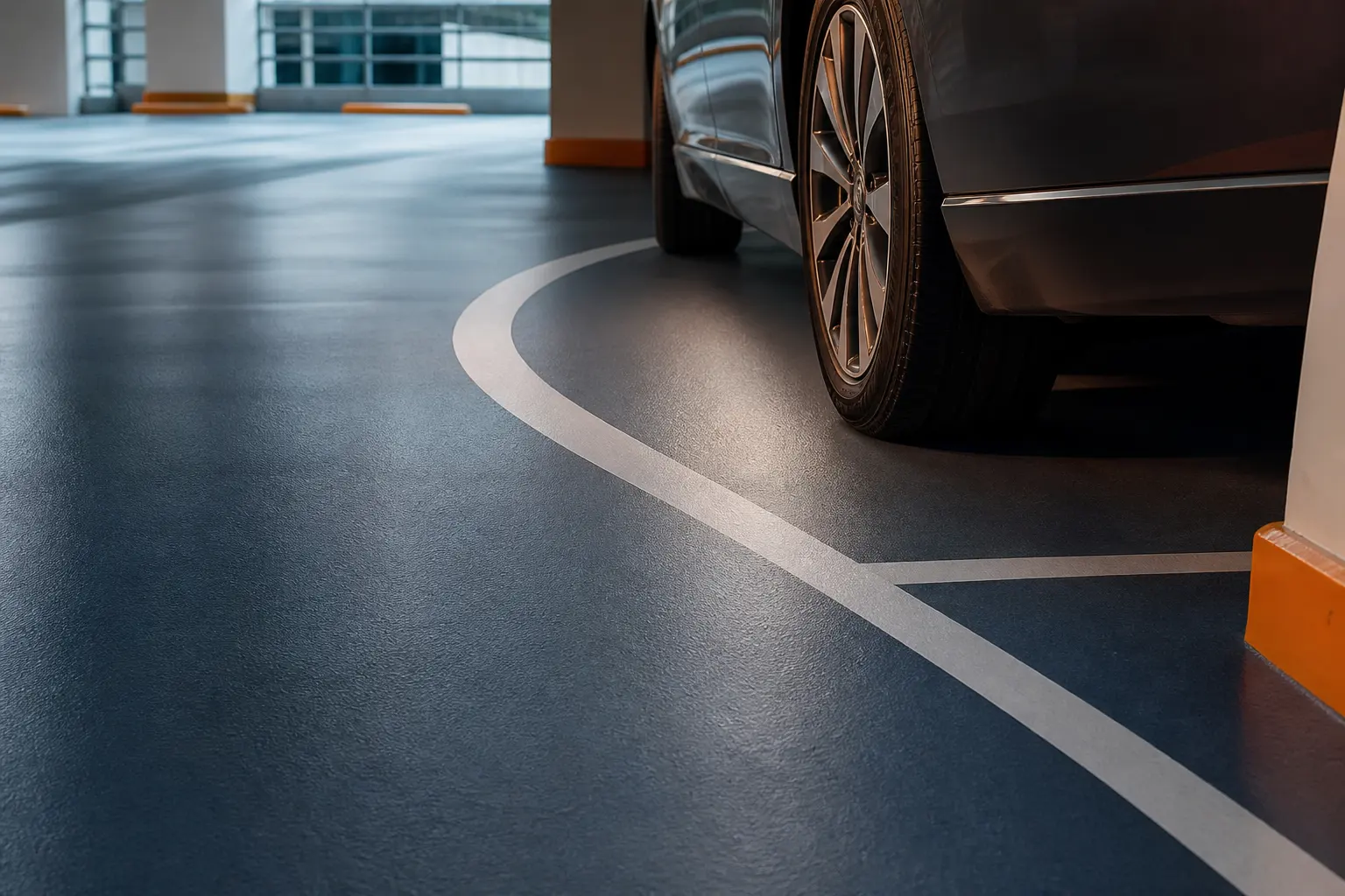 Coated covered parking bay beside a vehicle tyre, showing a resilient cleanable car-park traffic surface