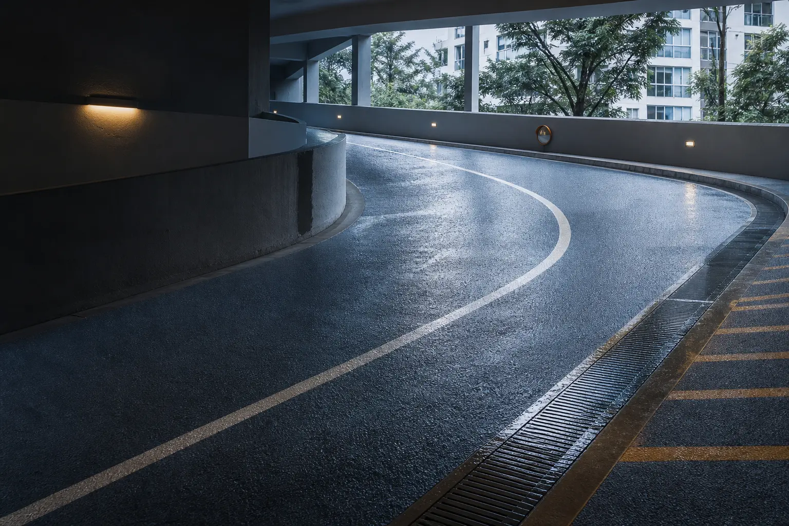 Wet coated car-park ramp with anti-slip surface texture, turning line and trench drain