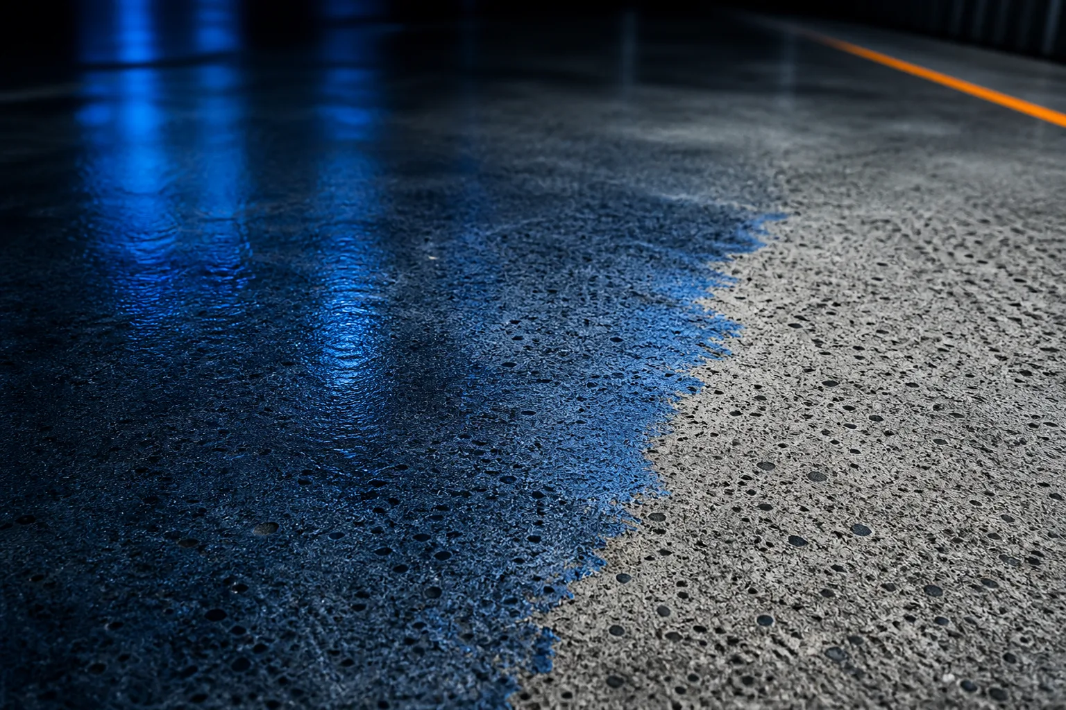 Prepared concrete receiving a thin penetrating primer film under raking light