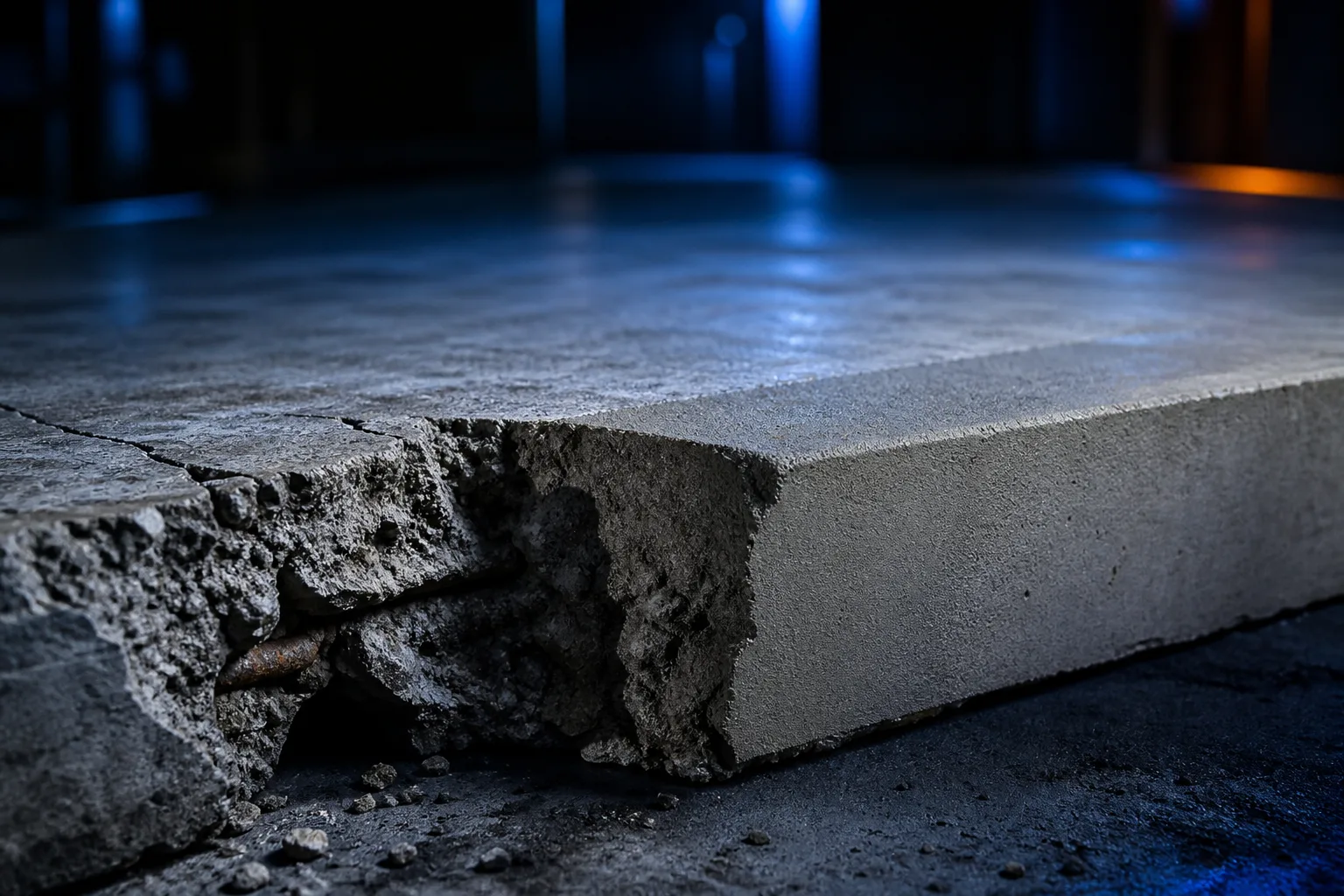 Damaged concrete edge reinstated with a precisely profiled repair mortar