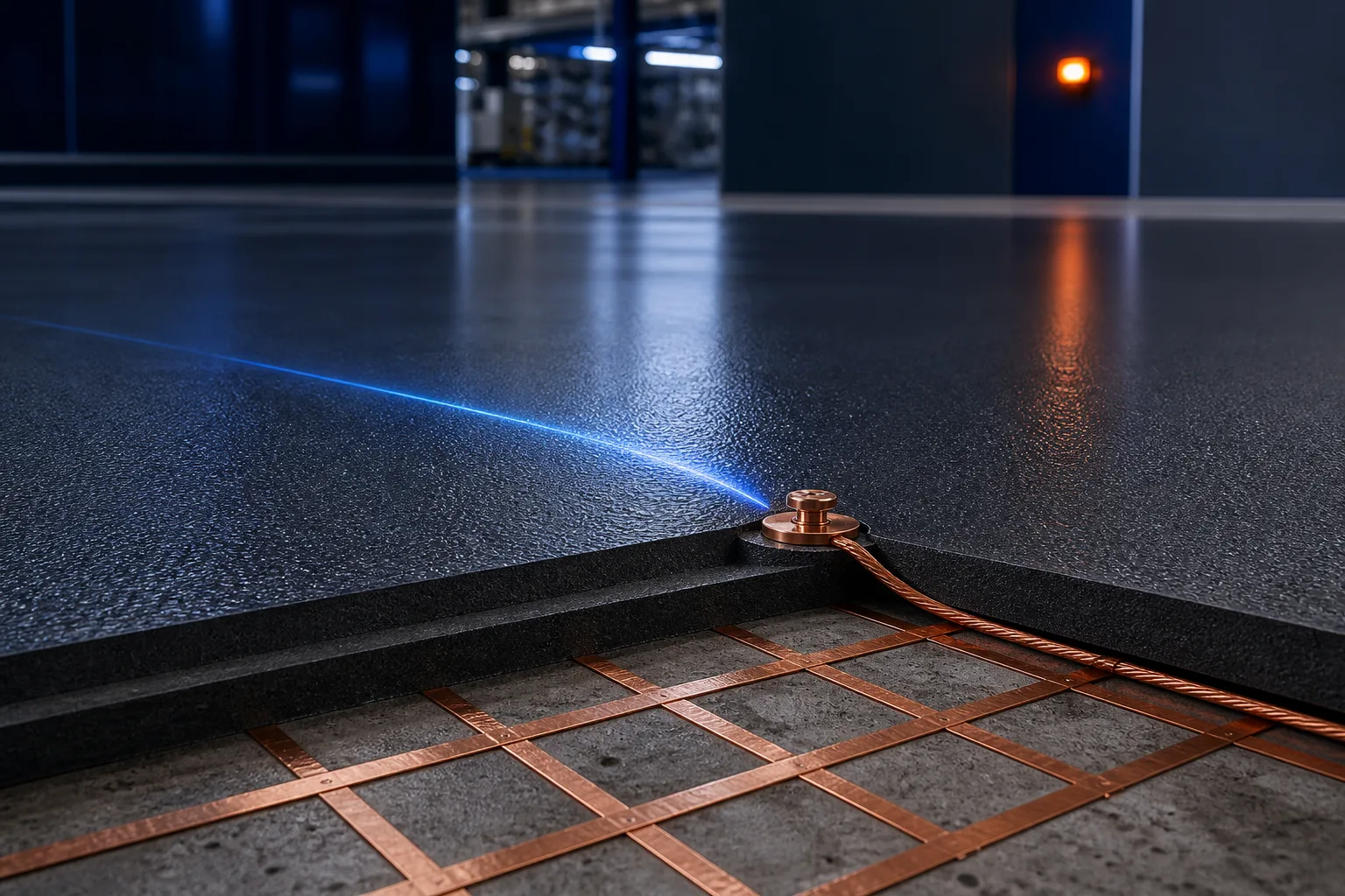 Conductive flooring cutaway with copper grounding grid and textured finish