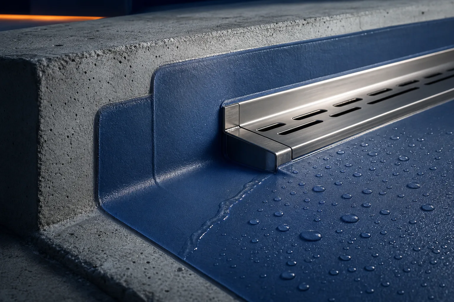 Continuous waterproof membrane wrapping an upstand and drain detail