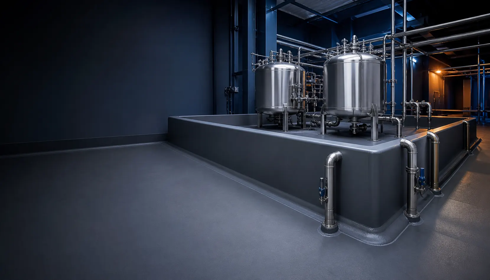Stainless process tanks inside a continuously lined secondary-containment bund with visible coves and penetrations