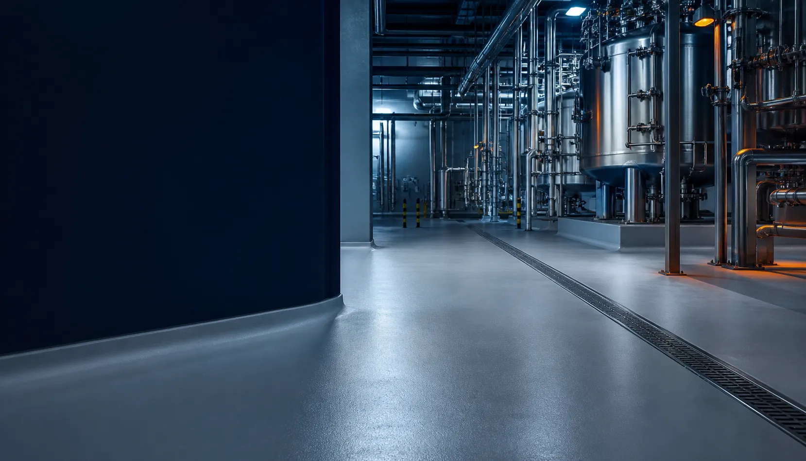 Seamless grey resin floor, drainage channel and stainless process equipment in a modern chemical facility