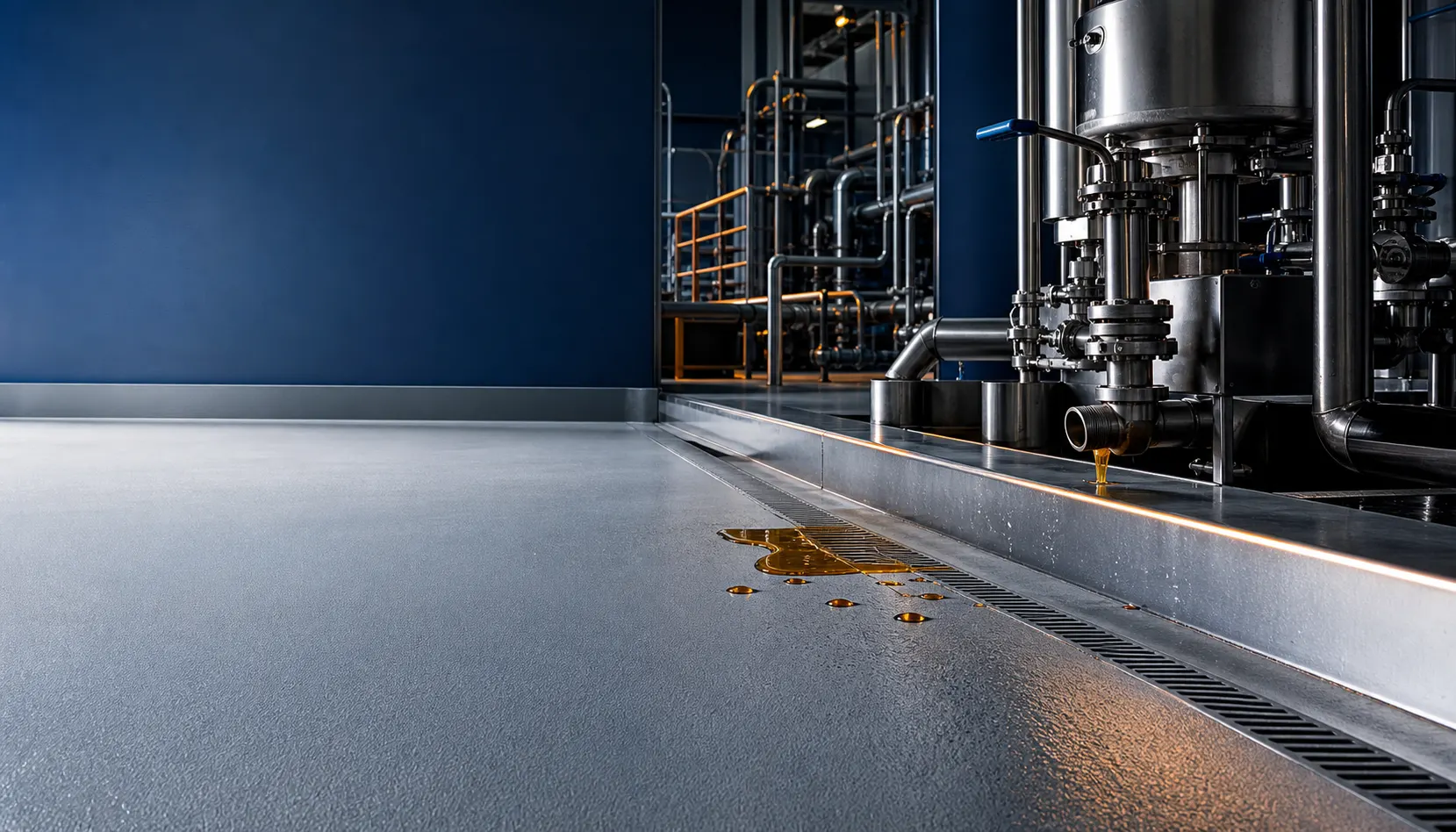 Controlled process-liquid splash on a seamless resin floor beside a stainless drainage channel in a chemical facility