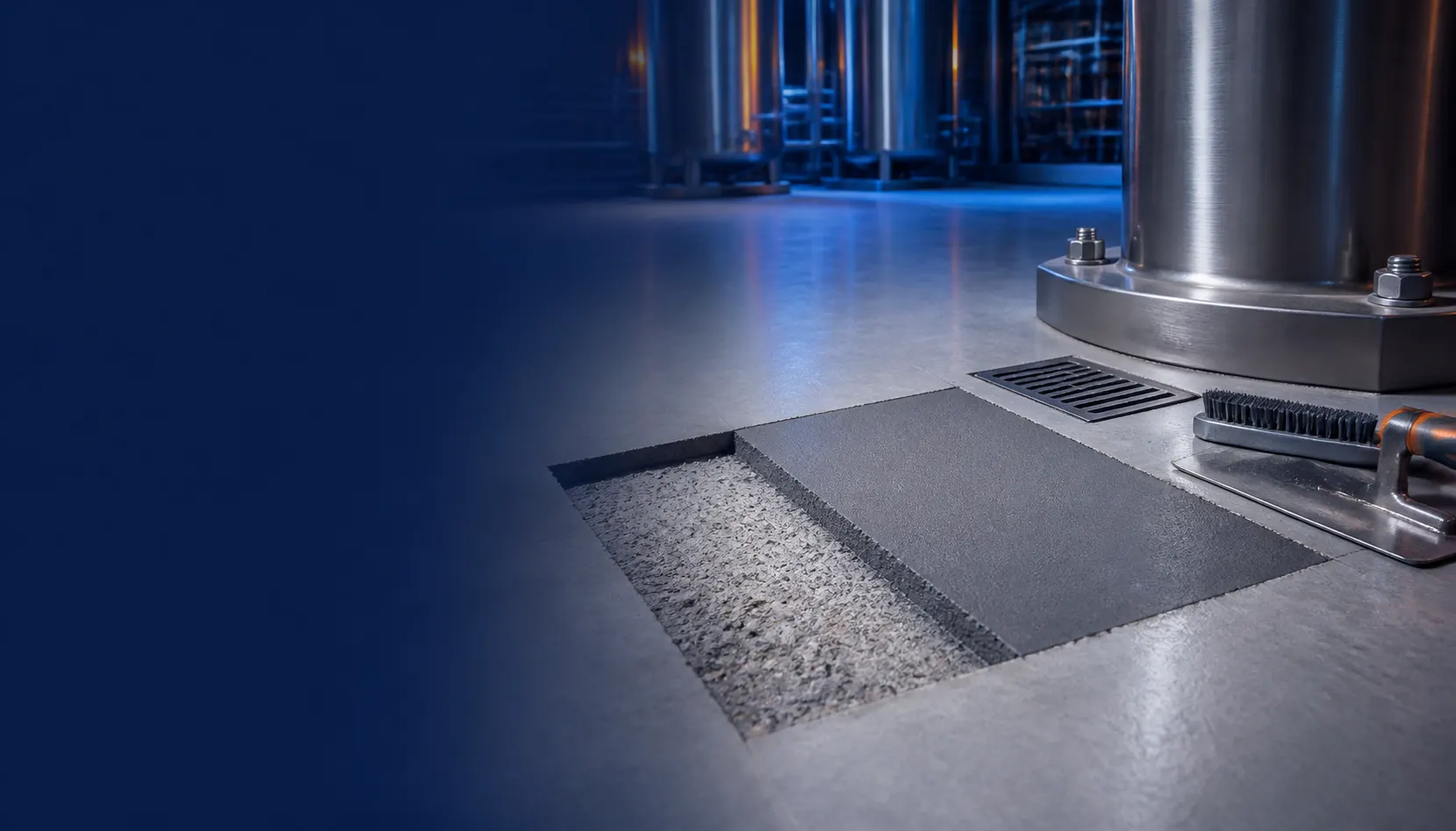 Chemical-facility floor repair showing concrete cut back to sound material beside a flush epoxy-mortar reinstatement