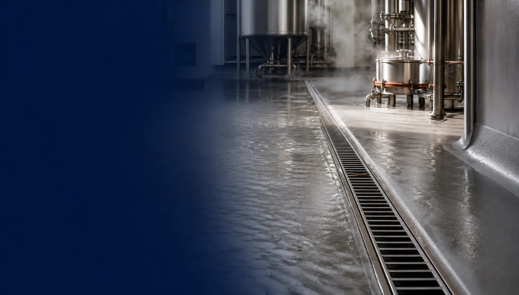 Shallow wash water moving toward a stainless channel drain across a seamless wet-process floor