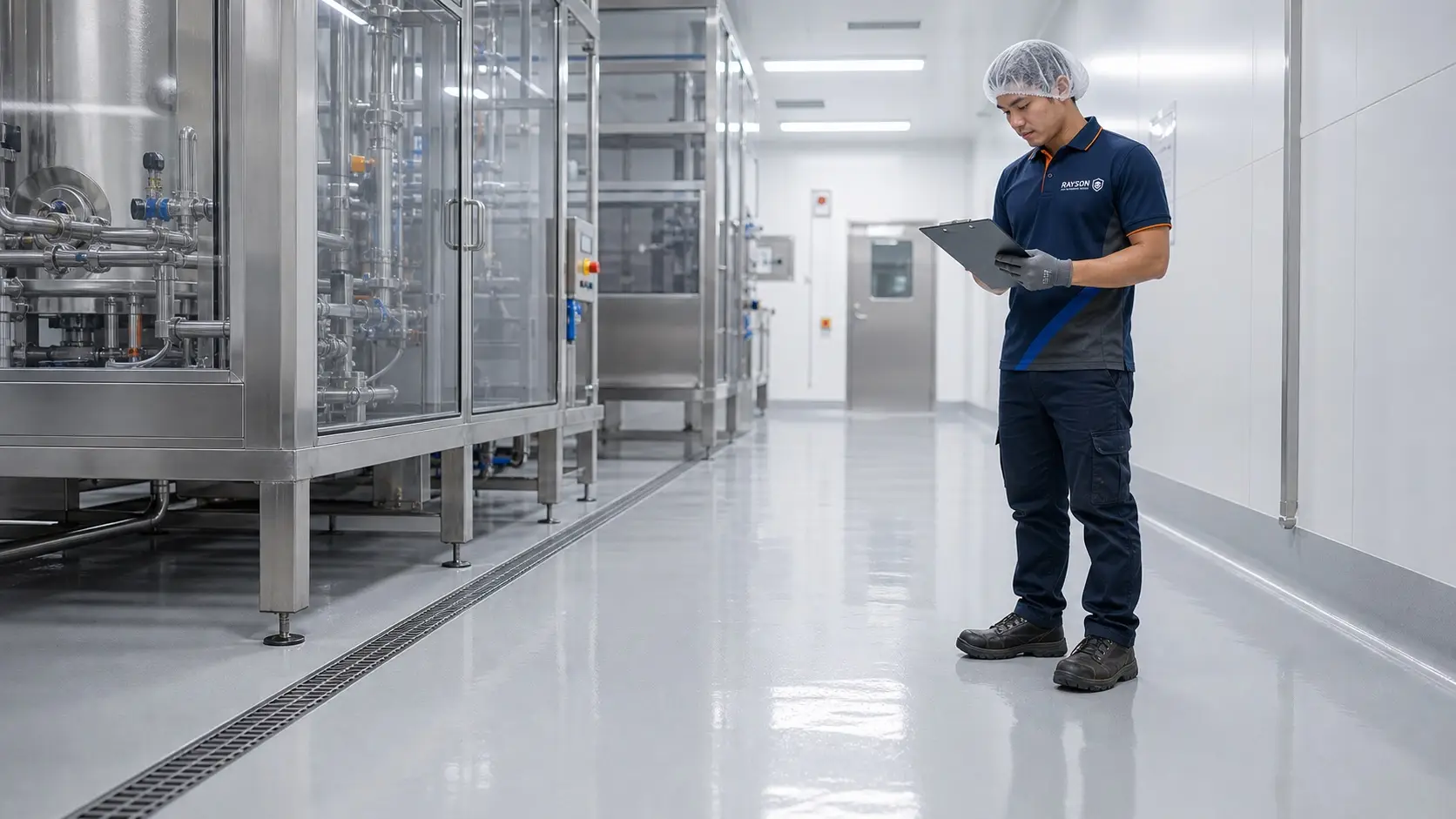 Rayson technical supervisor inspecting a seamless hygienic floor in a clean production facility
