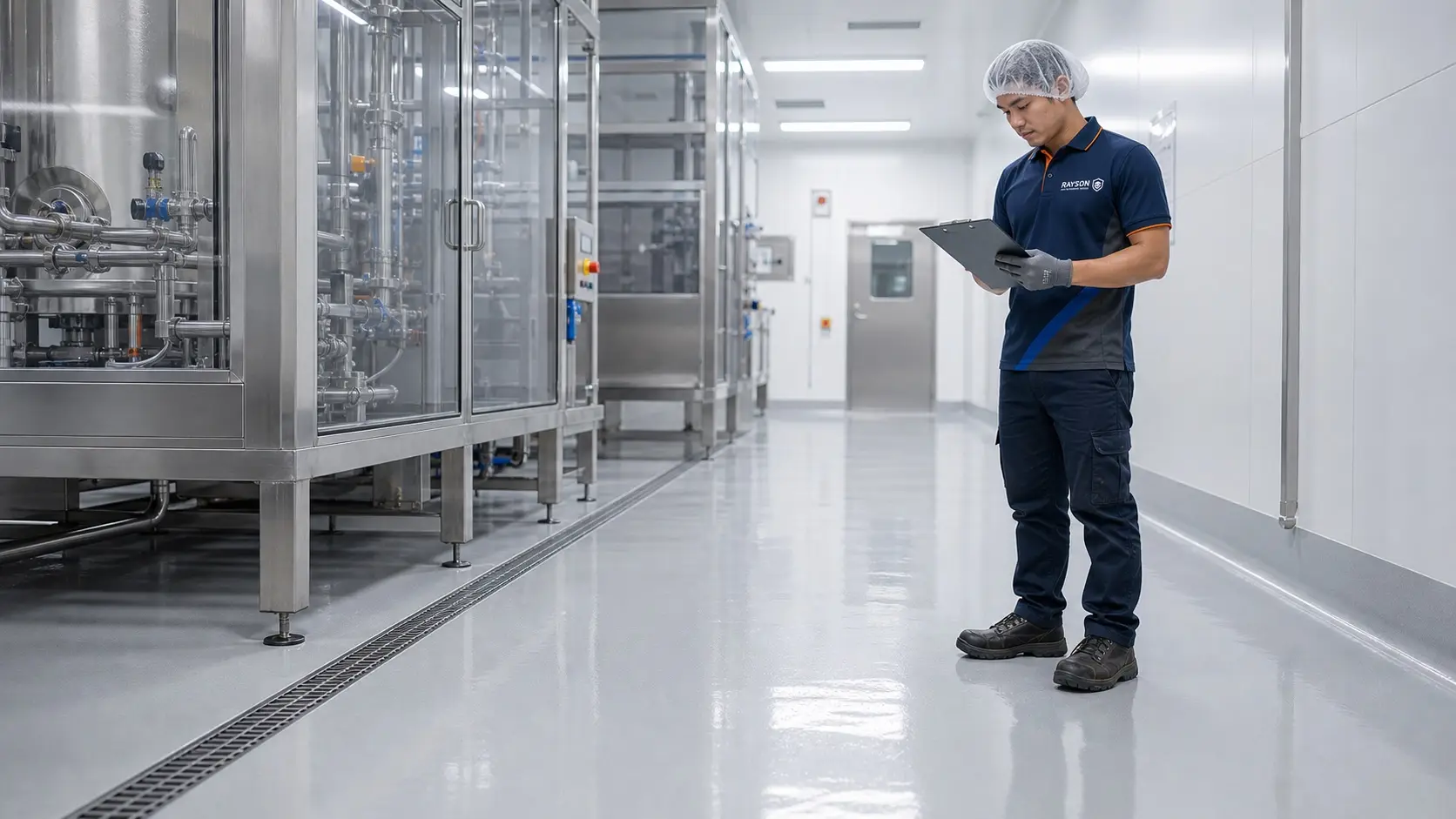 Seamless static-control floor in an electronics production facility under inspection