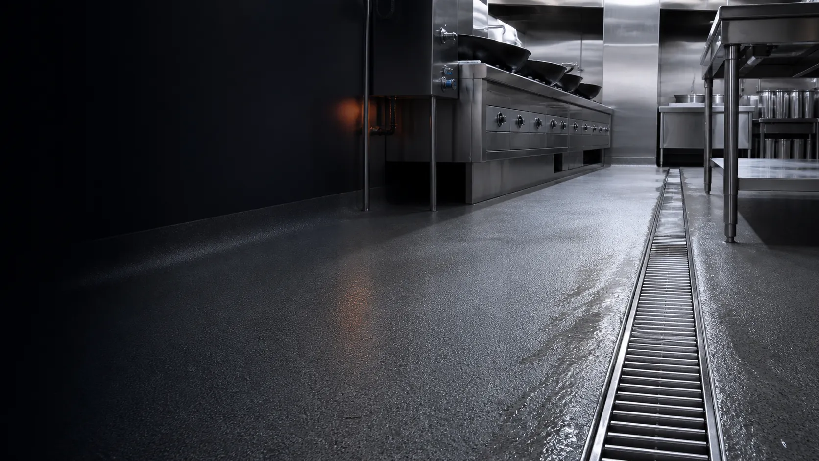 Seamless commercial kitchen resin floor with visible texture, drainage channel and low raking light