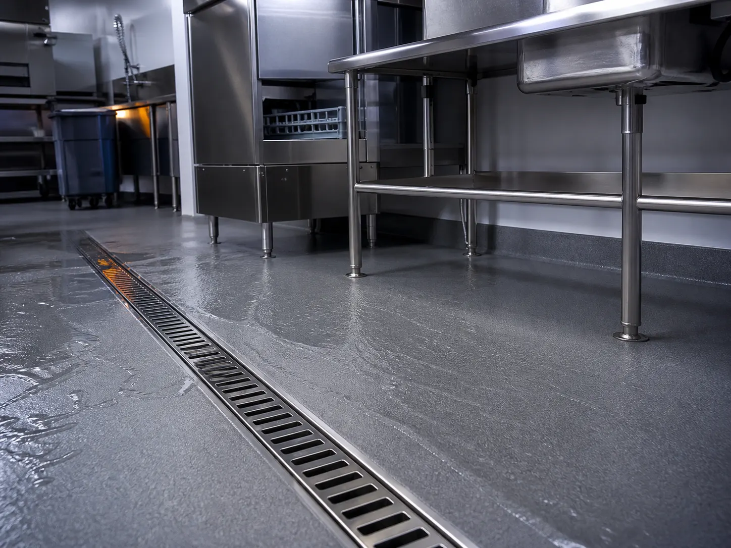 Seamless resin floor, coved wall junction and long stainless drain in a commercial dishwash area