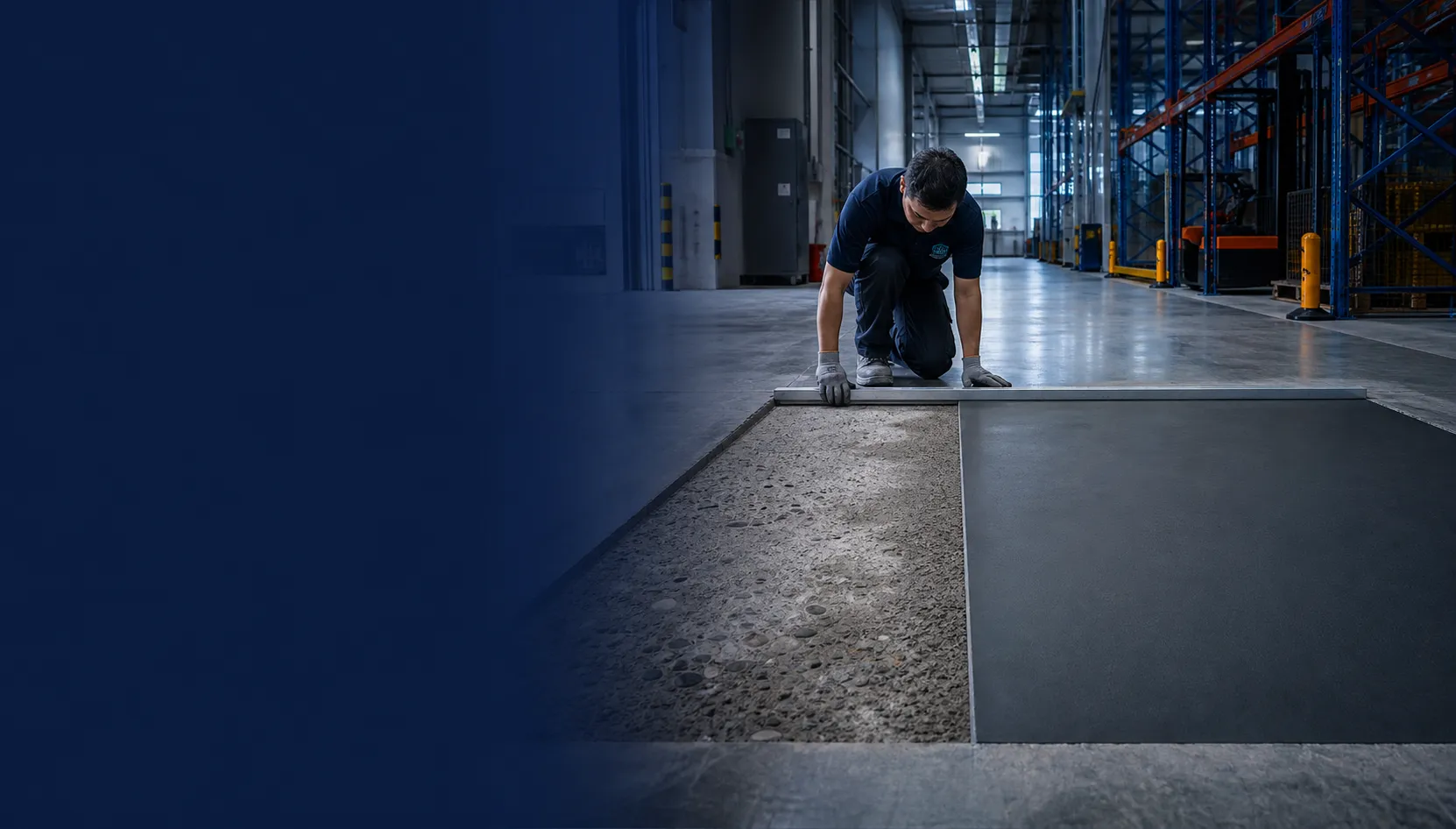 Technician inspecting and marking a damaged concrete-floor repair zone in a warehouse