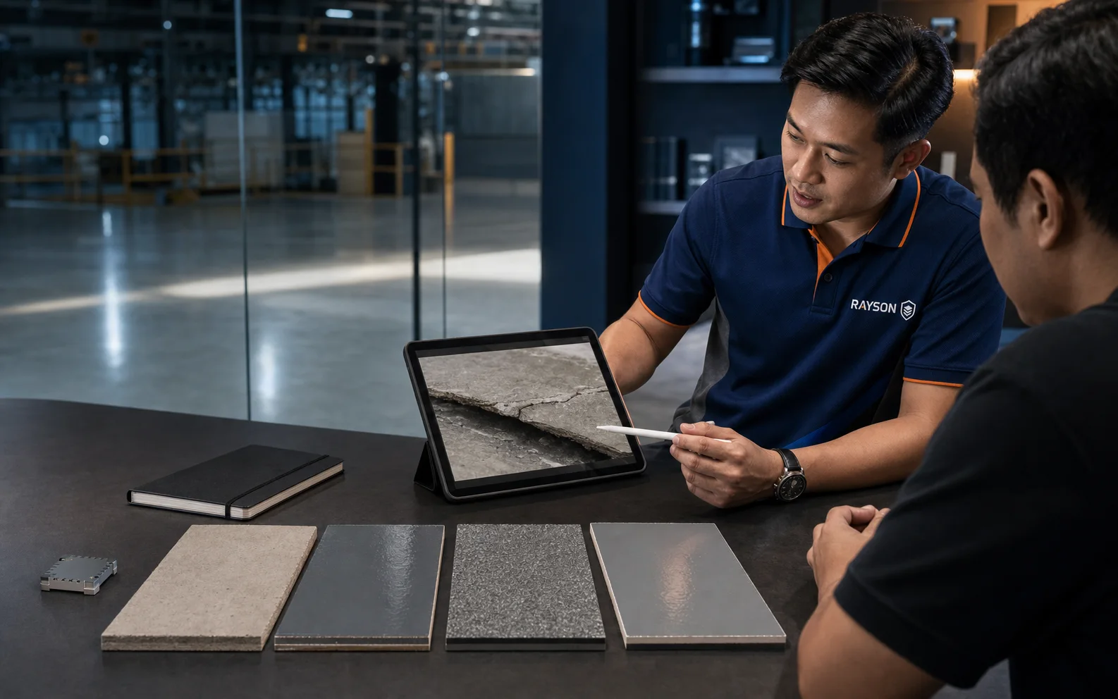 Rayson technical specialist reviewing a concrete failure photograph and floor-coating samples with a client