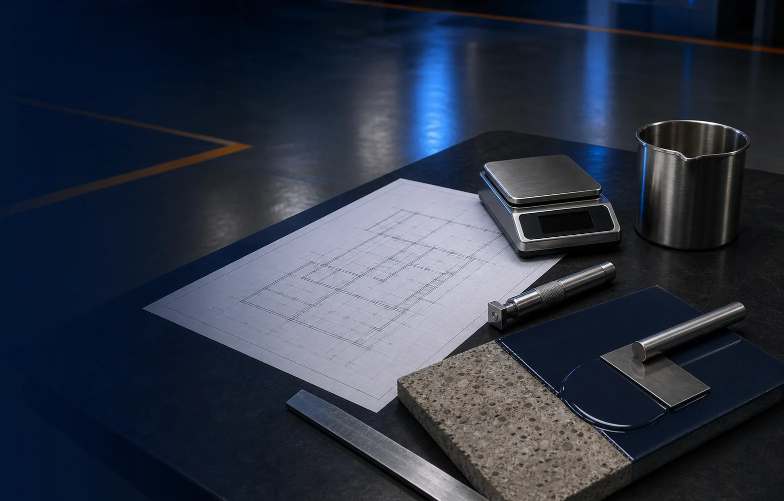 Floor plan, precision scale, film-thickness tools, concrete specimen and controlled resin drawdown