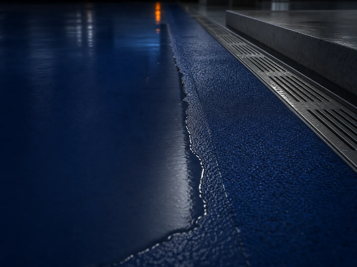Water remains after cleaning or rain, smooth areas become unsafe when wet, or moisture lifts the coating from below.