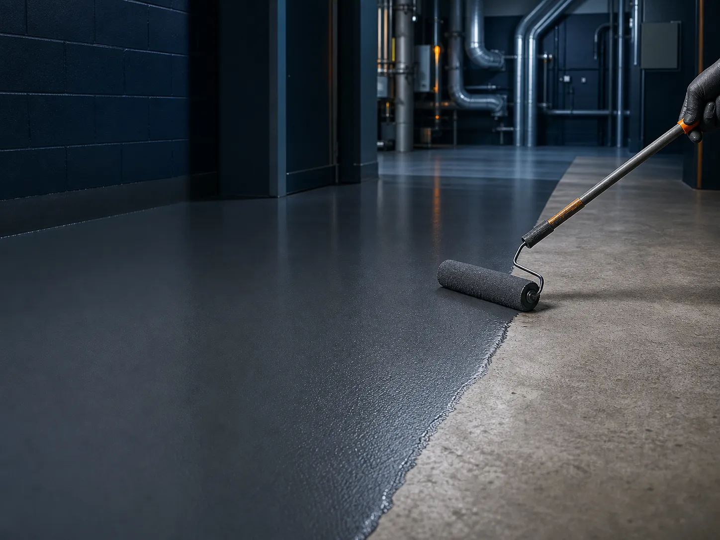 Roller-applied epoxy coating creating an even protective floor in an industrial service corridor