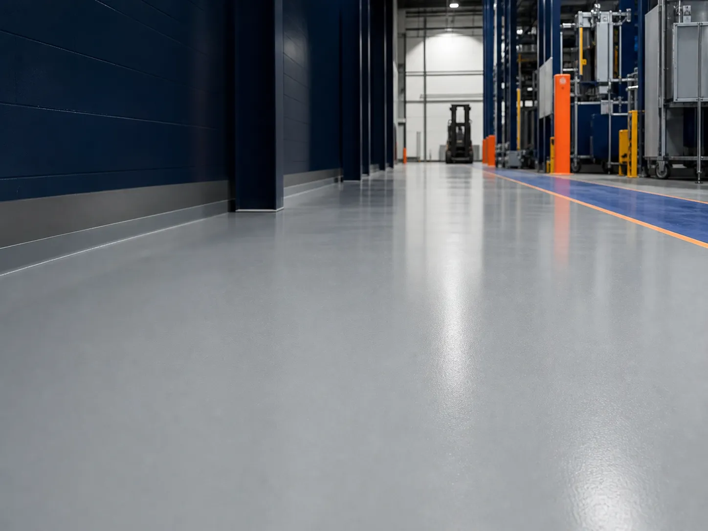 Seamless self-levelling epoxy floor in a warehouse production aisle with forklift traffic in the distance