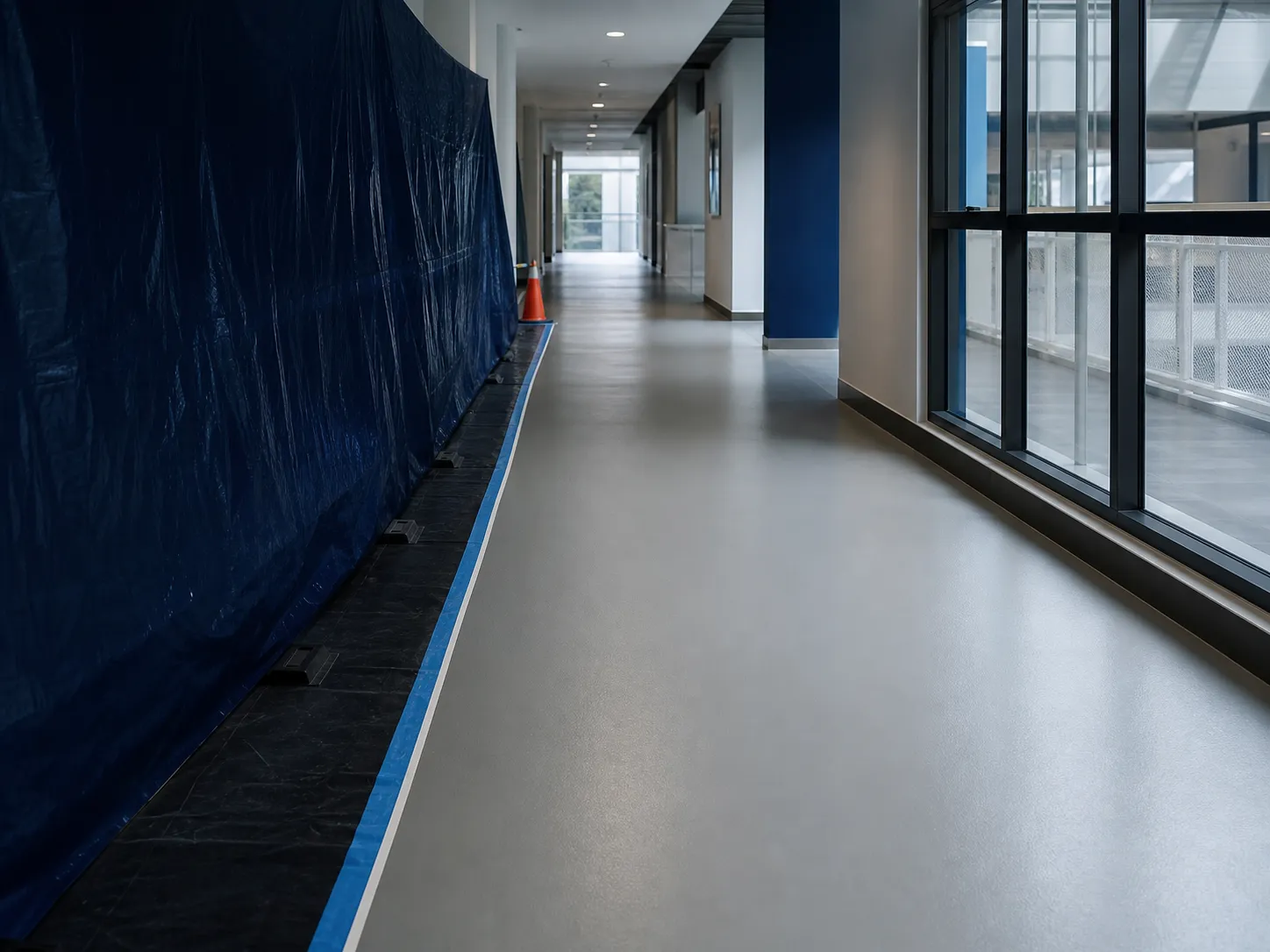 Low-odour epoxy flooring completed in a modern occupied-building corridor ready for reopening