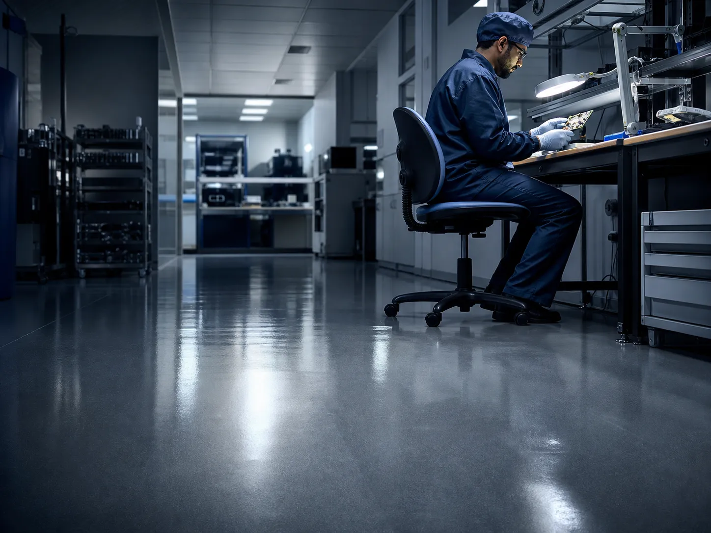 Technician handling sensitive electronic components above a conductive epoxy floor