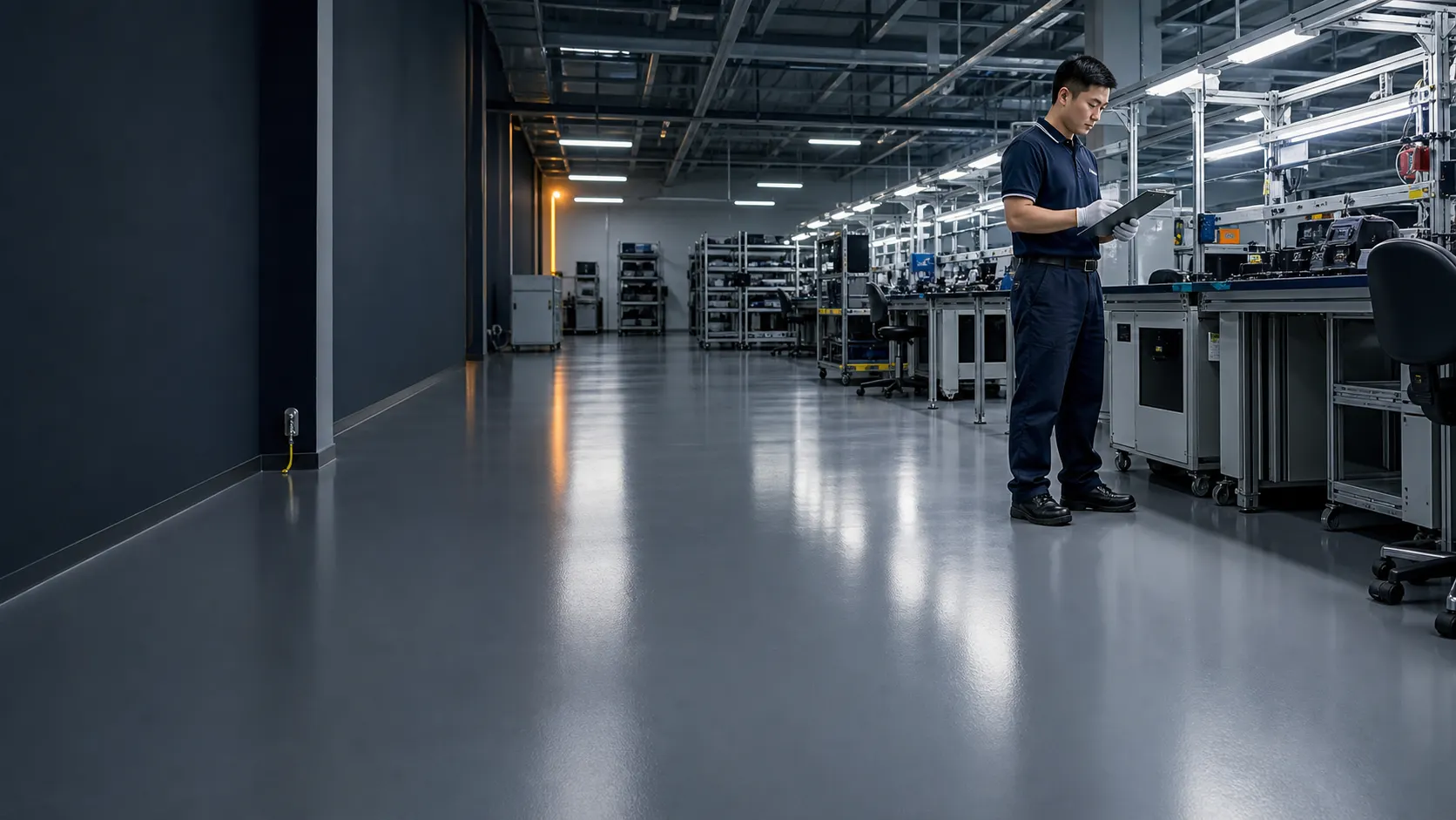 Technical supervisor inspecting a seamless conductive epoxy floor in an electronics production facility