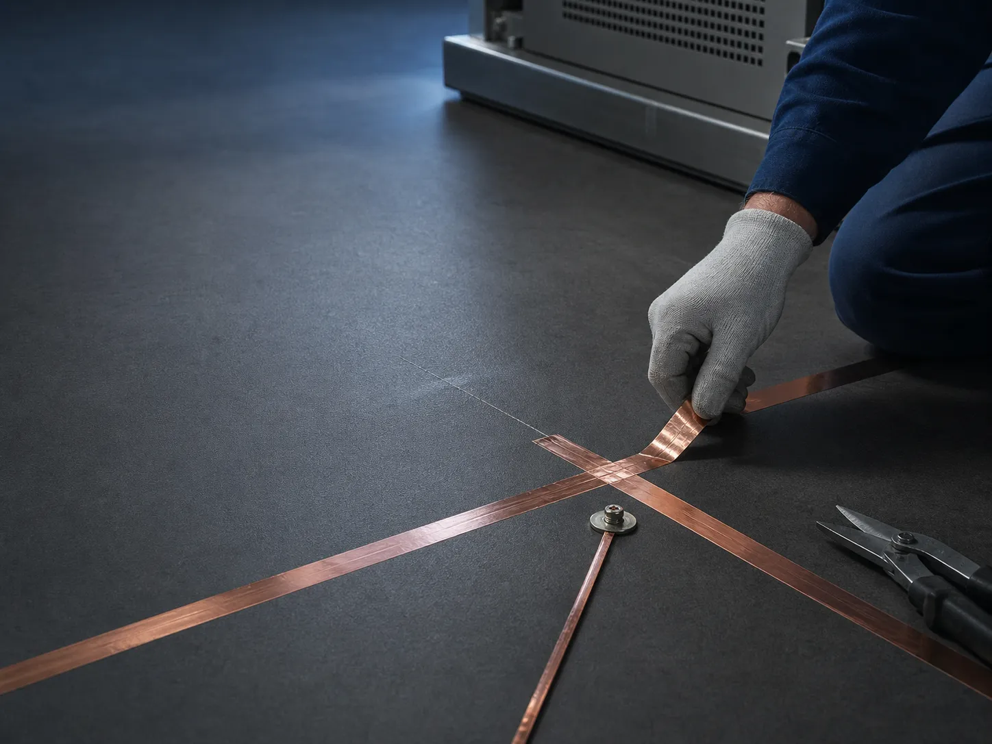 Technician installing a copper grounding network for a conductive floor system
