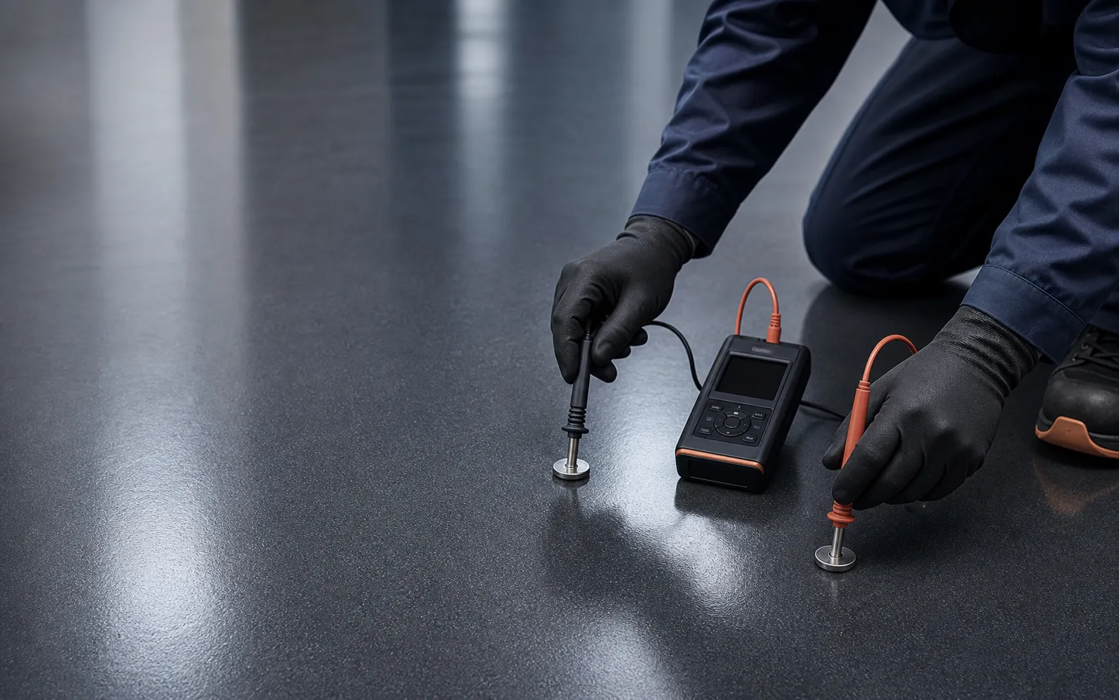 Technician verifying a completed conductive epoxy floor with a professional resistance meter