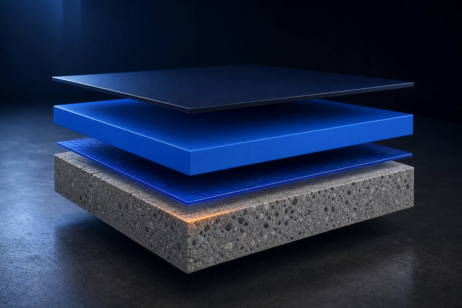 Conceptual exploded view of a Rayson industrial floor system with prepared concrete, epoxy primer, self-levelling body coat and polyurethane finish