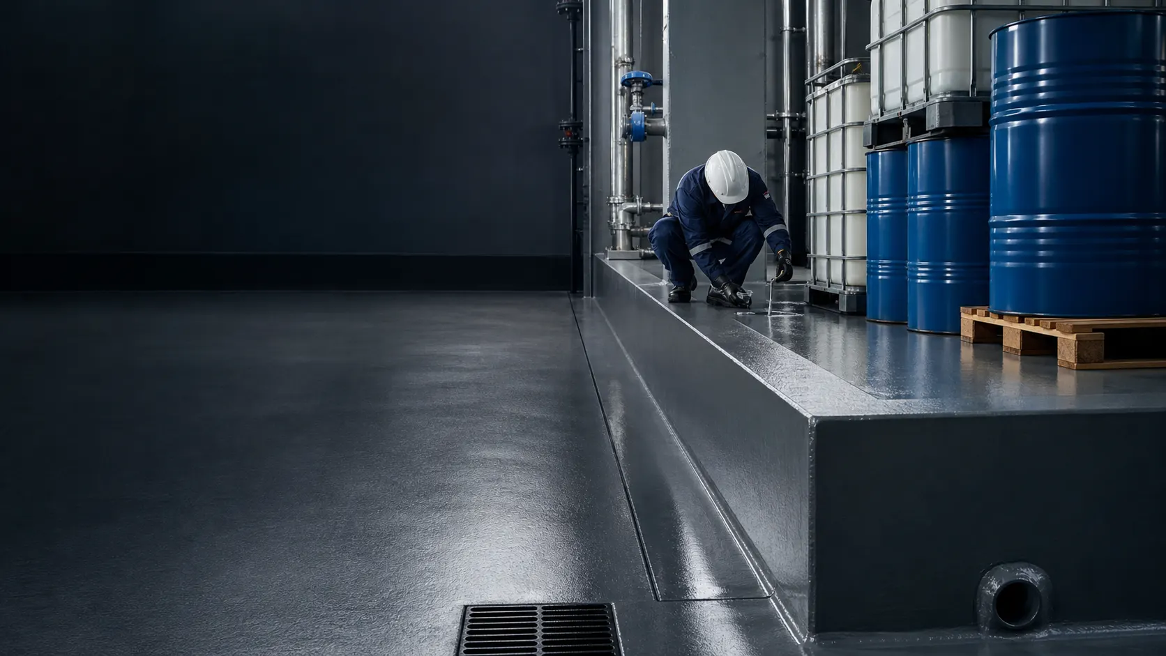 A liquid-tight chemical storage bund with resin flooring continued over coves and upstands