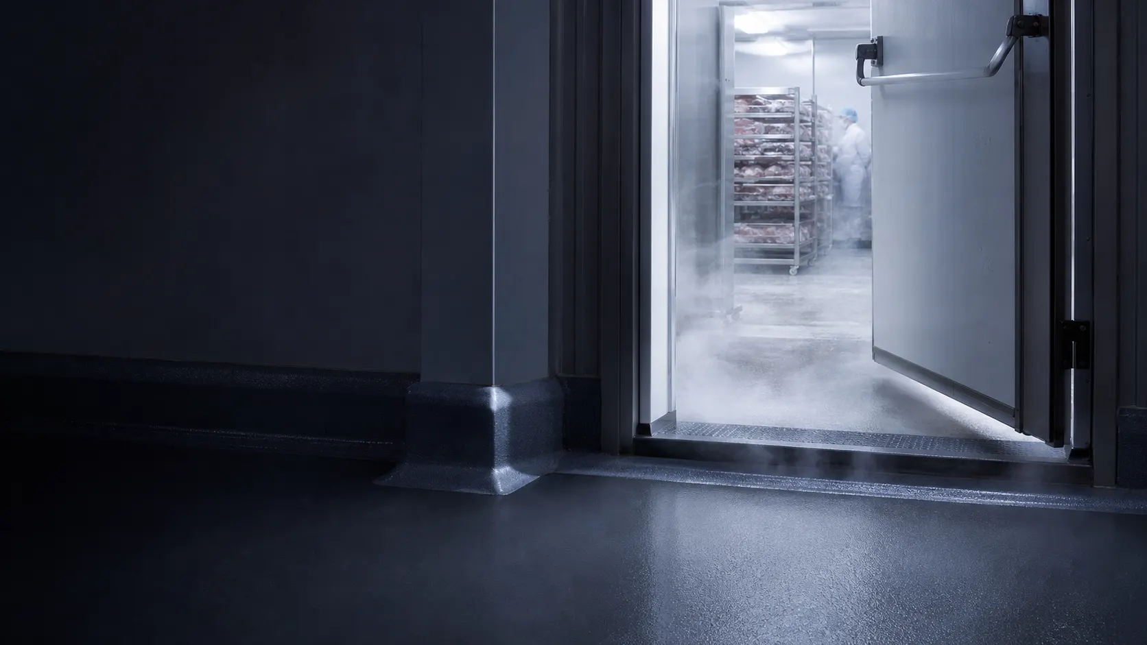 A seamless resin floor crossing a cold-room threshold with visible condensation at the temperature transition