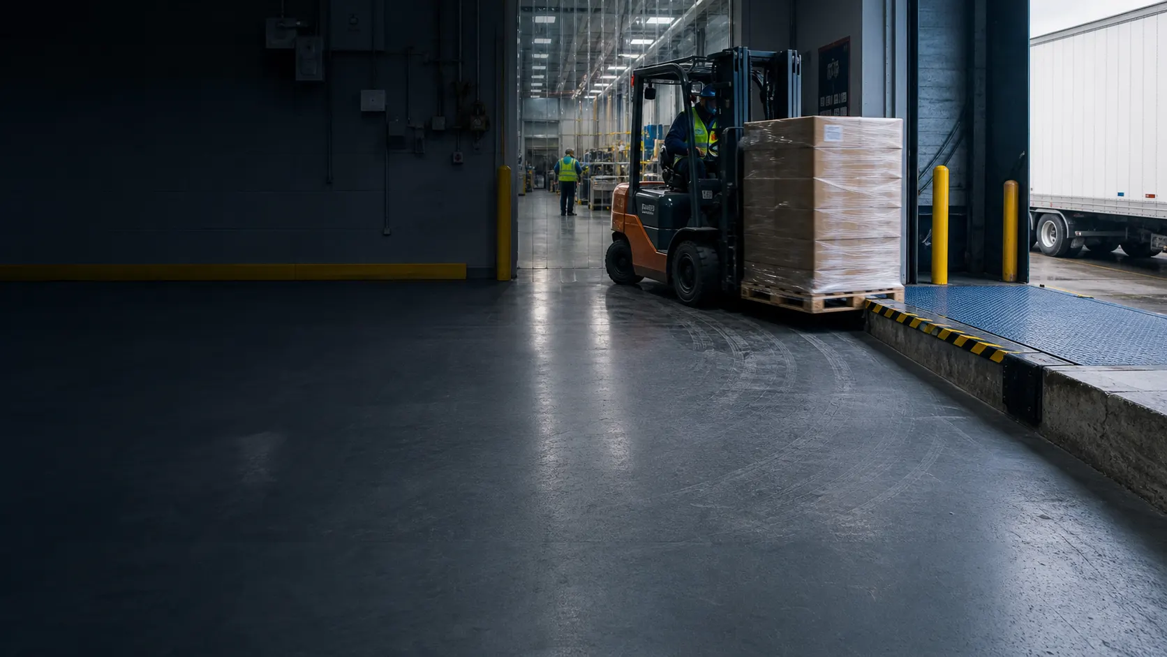 A loaded forklift turning beside a loading-dock leveller on a high-traffic industrial floor
