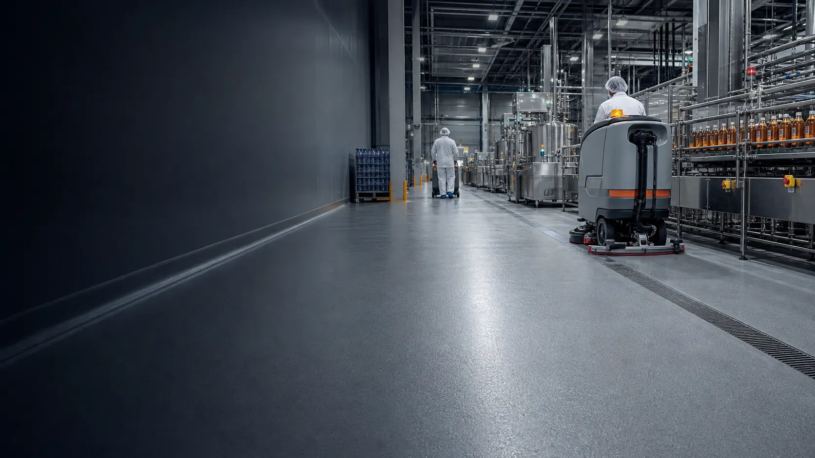A hygienic food production floor supporting trolley traffic and daily mechanical cleaning