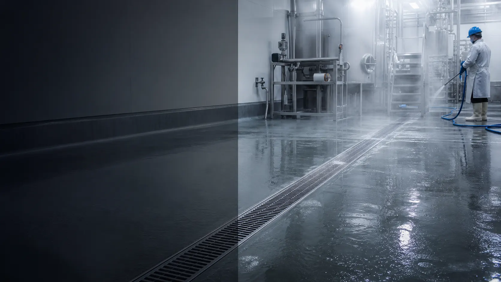 A wet food-processing wash-down bay with steam, coved skirting and a stainless channel drain