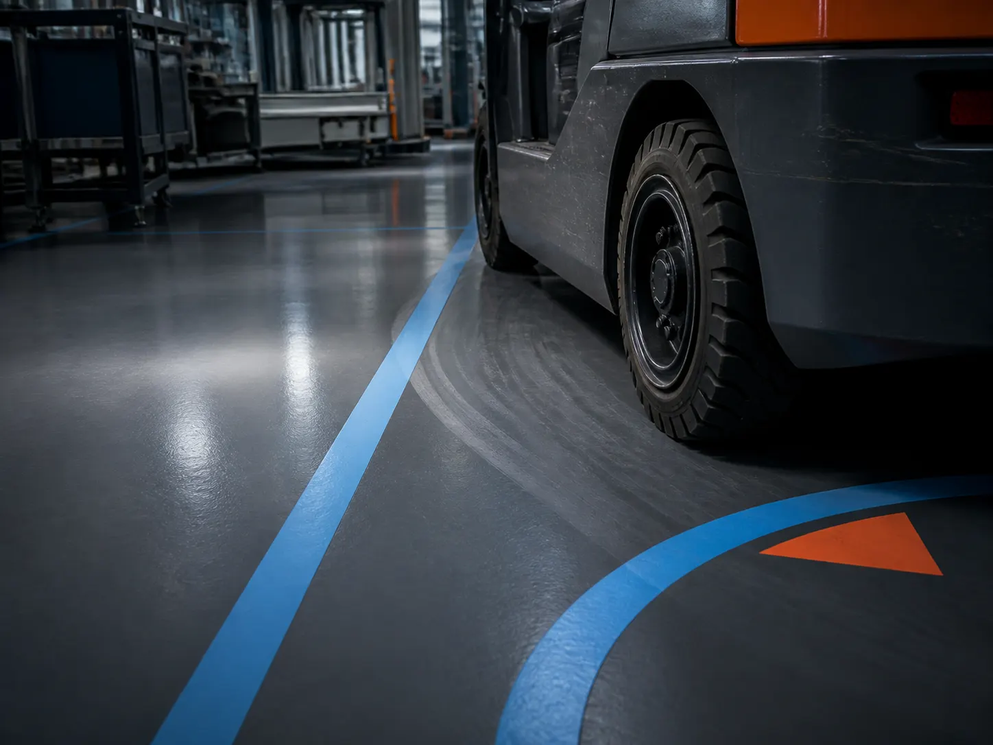 Forklift tyre on a seamless factory resin floor with blue lane marking and visible turning path