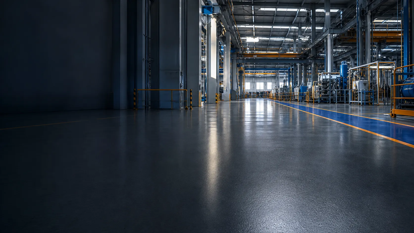Modern manufacturing plant with graphite coated floor, blue traffic route and industrial equipment