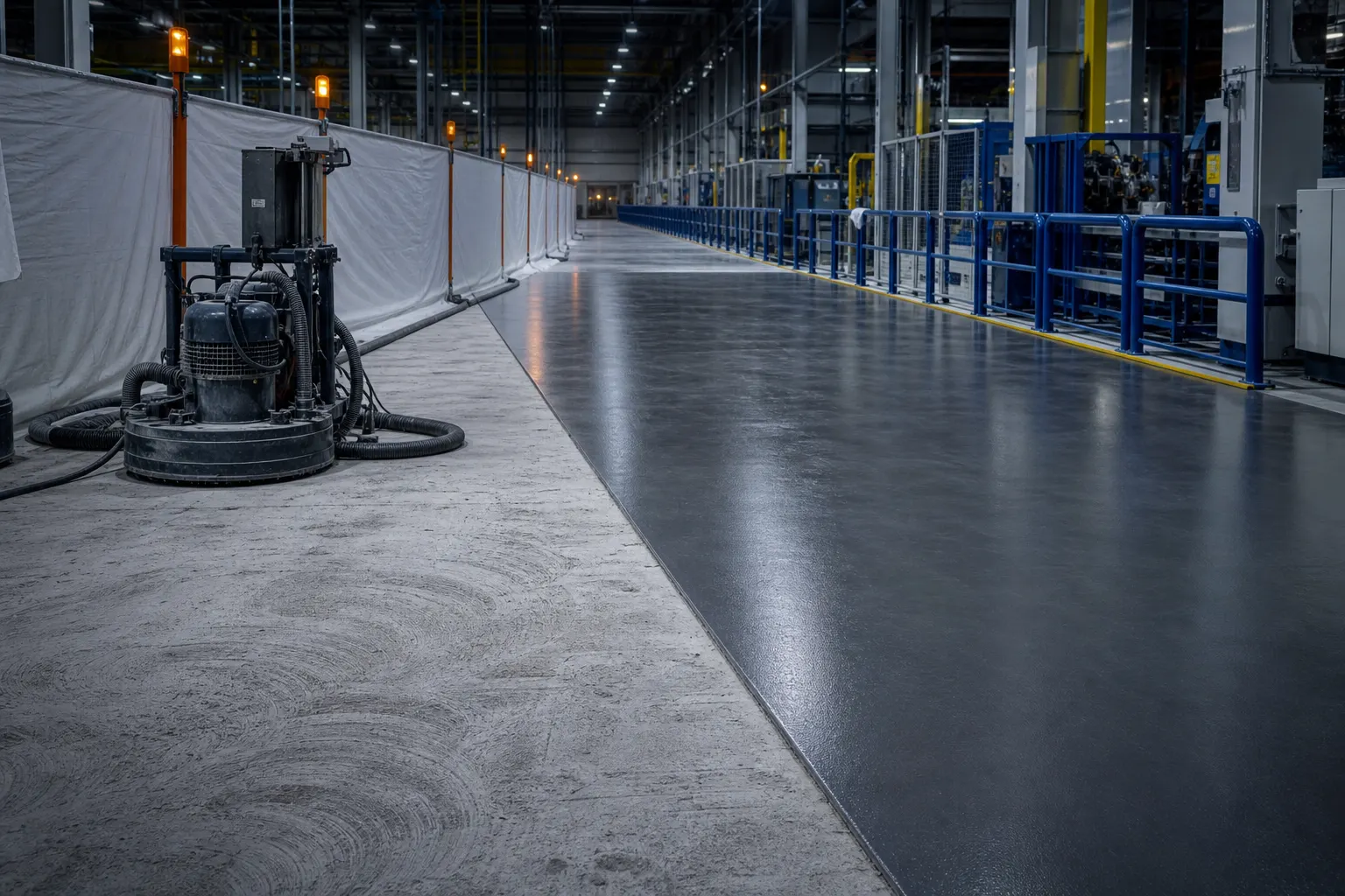 Phased factory floor renewal showing prepared concrete, isolated work zone and completed resin surface