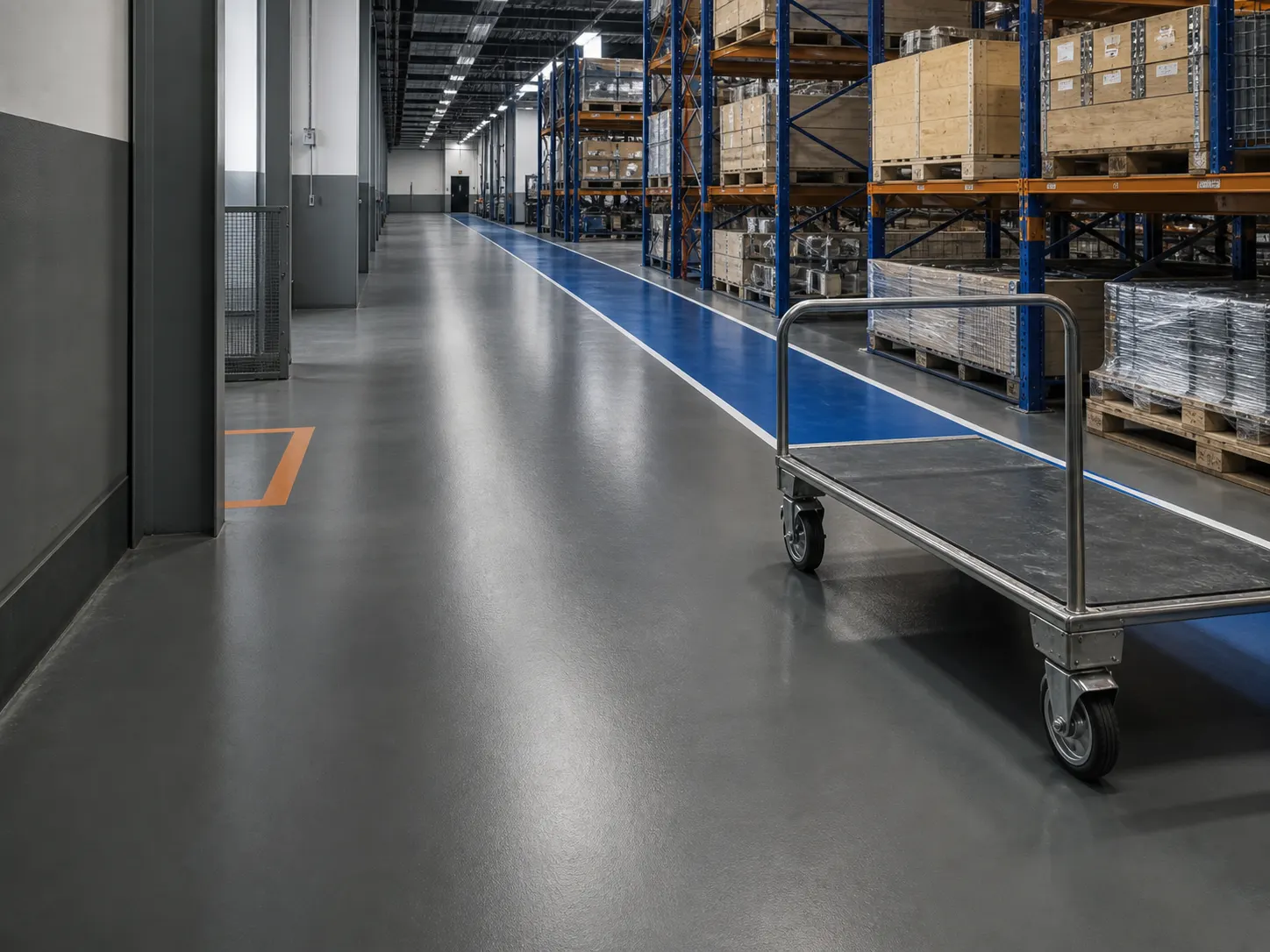 Grey resin floor with blue pedestrian lane, storage racking and trolley caster in a factory service corridor