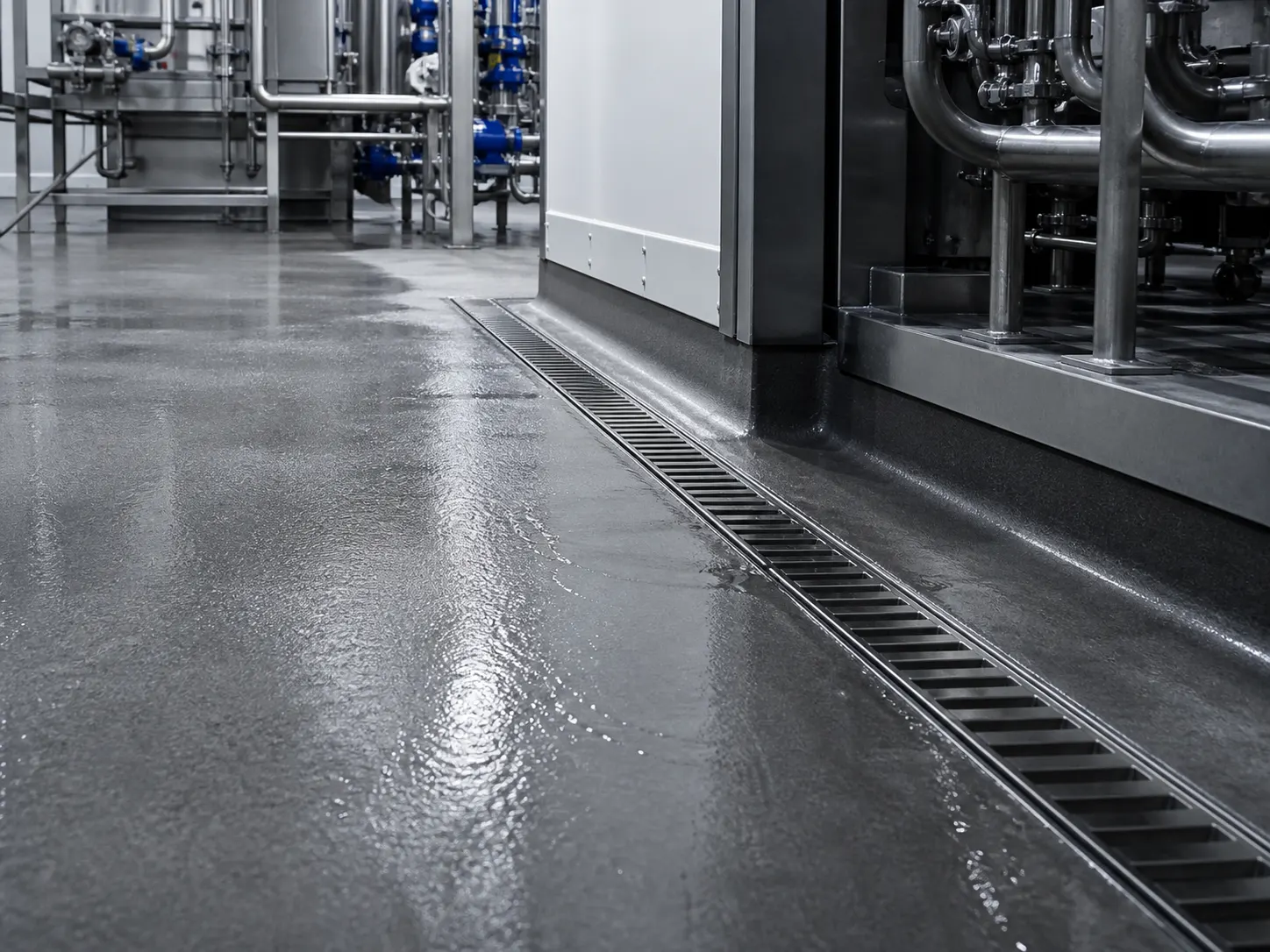 Textured resin floor with shallow wash water, stainless trench drain and equipment plinth in a wet factory process zone
