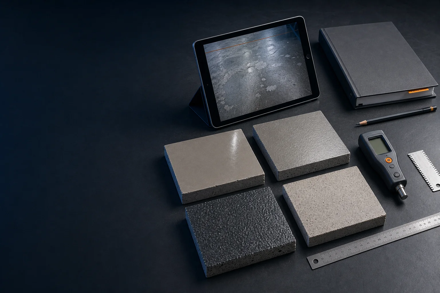 Coating samples, site photograph, measurement tools and technical documents arranged on a Rayson technical worktable