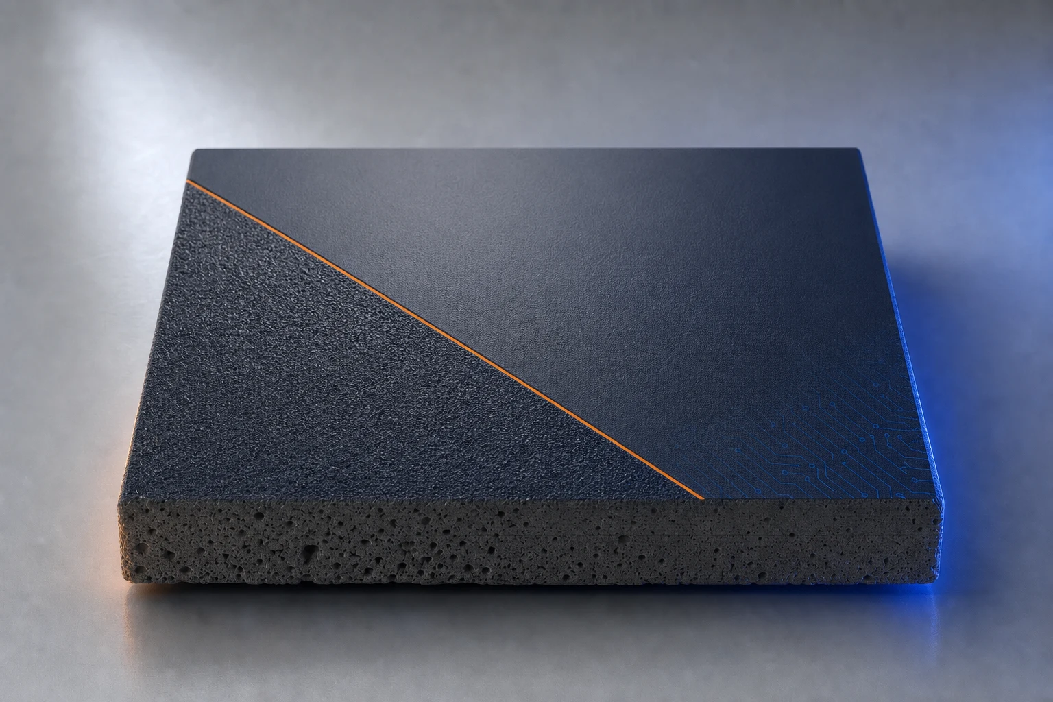 Protective floor specimen combining a smooth finish, controlled anti-slip texture and specialist performance details
