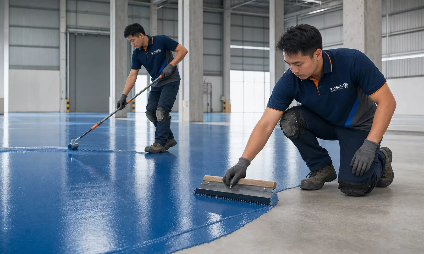 Applicators installing a seamless resin floor in a Singapore warehouse — preparation and workmanship decide whether a coating lasts