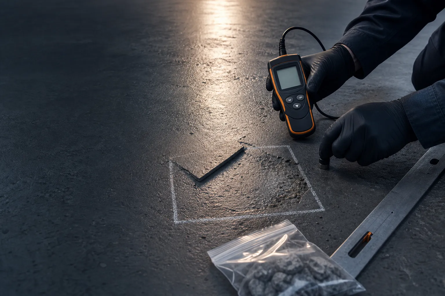 A technician investigating industrial floor coating and substrate condition with test equipment under raking light