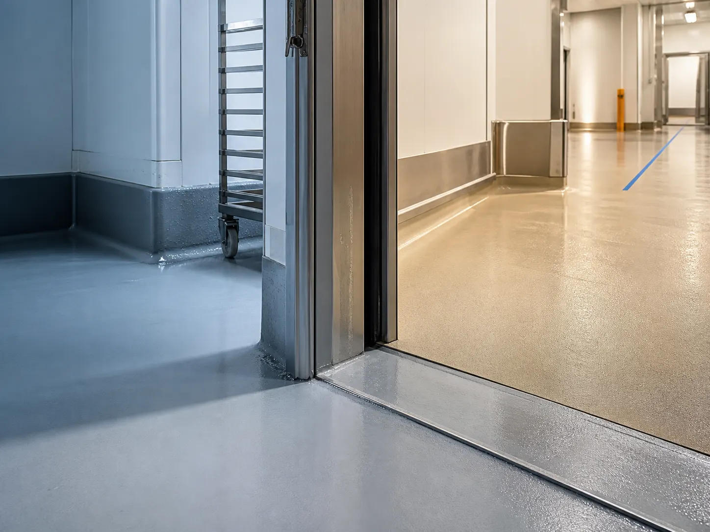 Resin floor transition between cold and warm food-factory zones with sealed threshold and stainless rack wheel