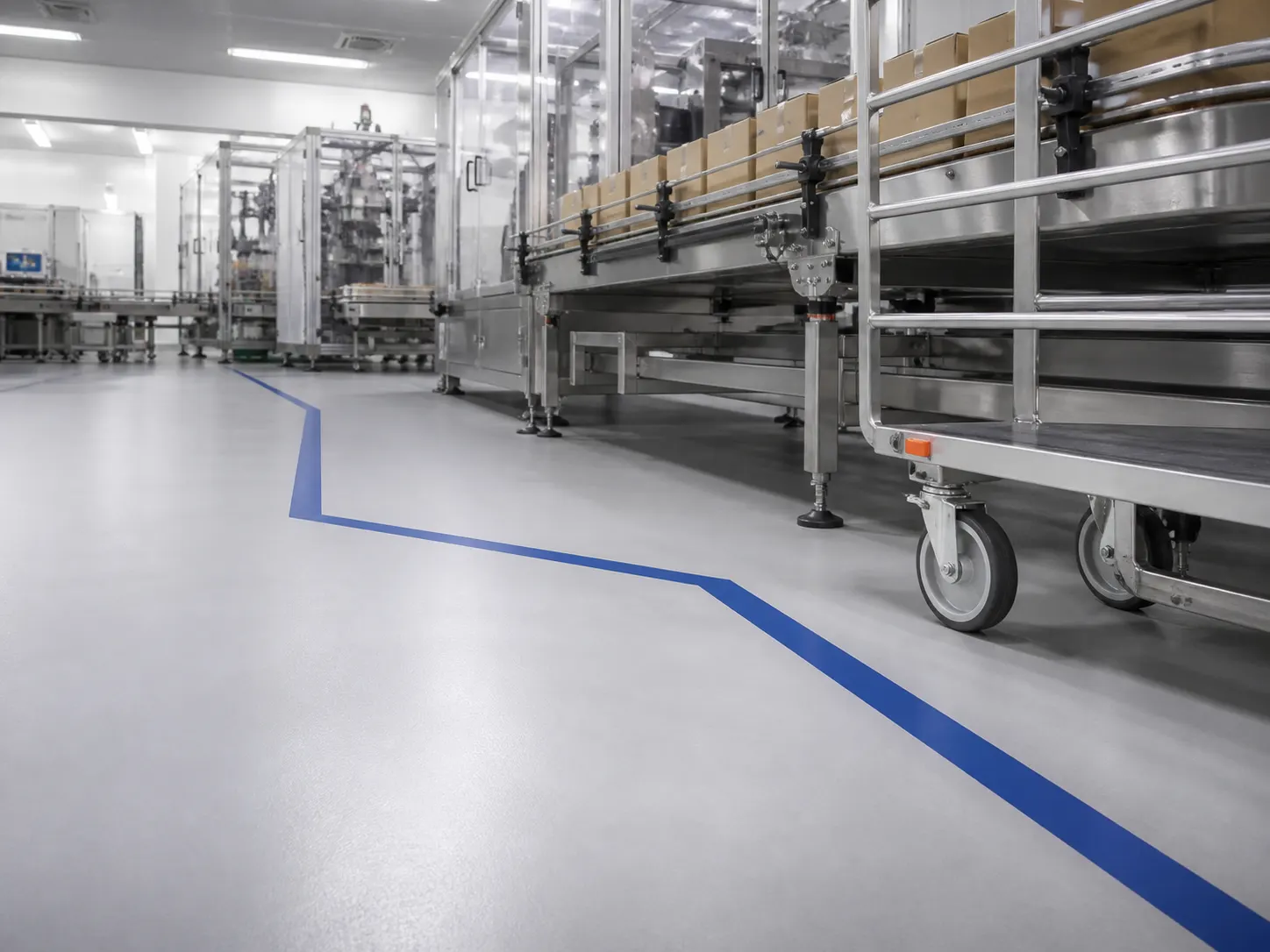 Seamless light-grey resin floor beside a food packing line, trolley wheels and cobalt-blue traffic marking