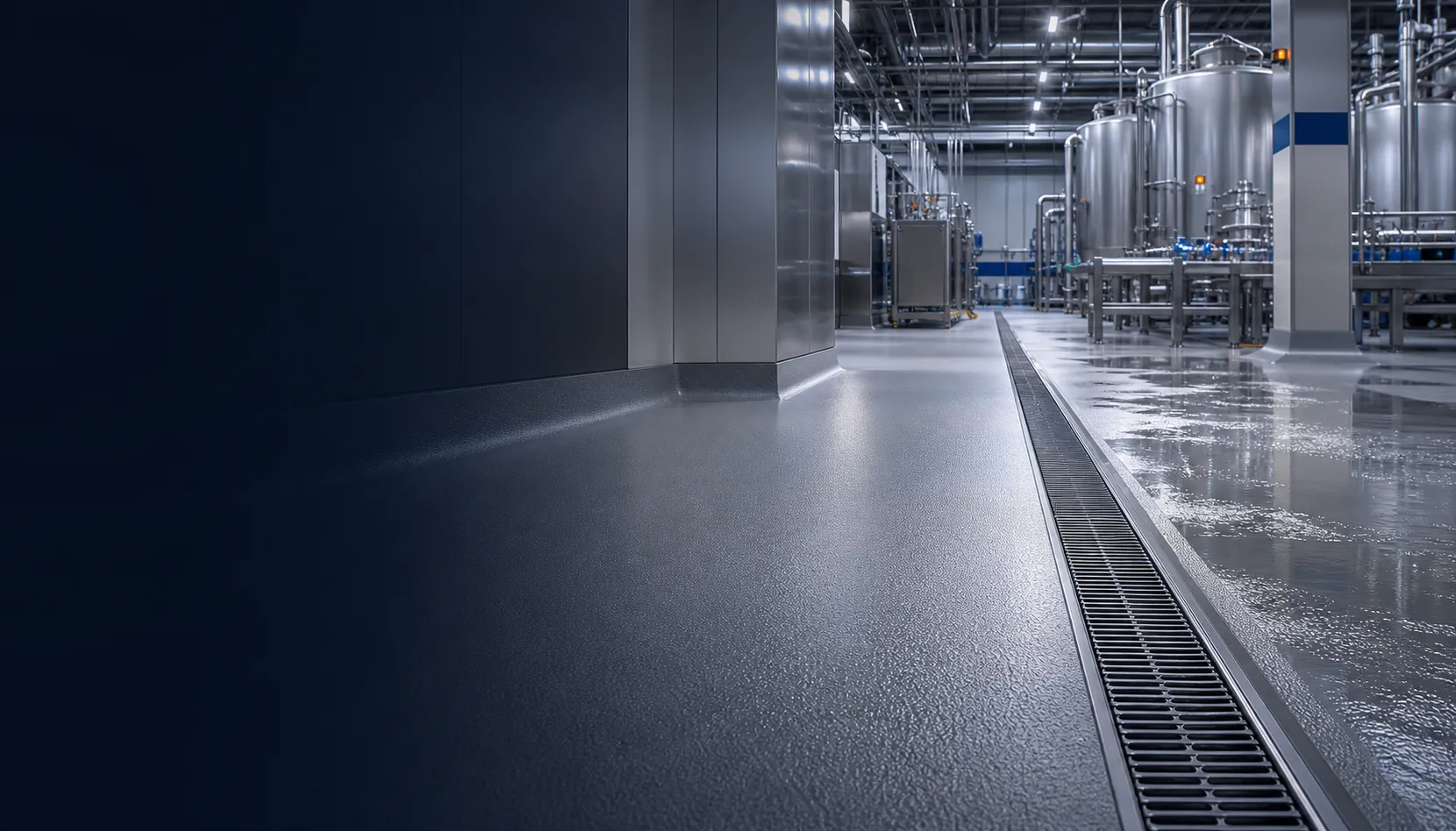 Modern food factory with seamless resin floor, coved wall base, stainless drainage and processing equipment